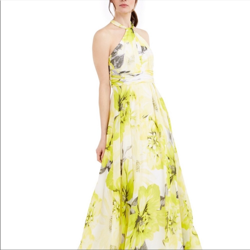 Chiffon satin Calvin Klein floral yellow white maxi dress satin lining flowy